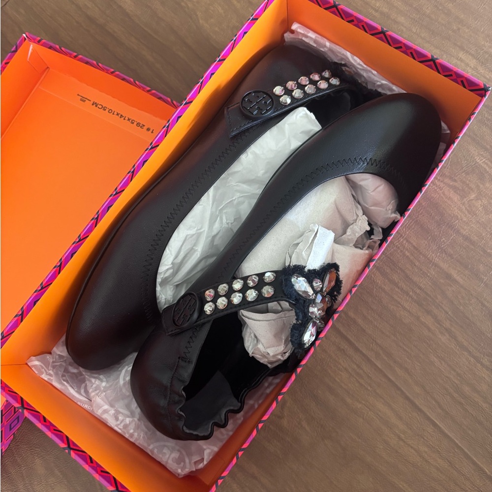 Tory Burch Minnie Embellished Two Way Black Ballet Flats